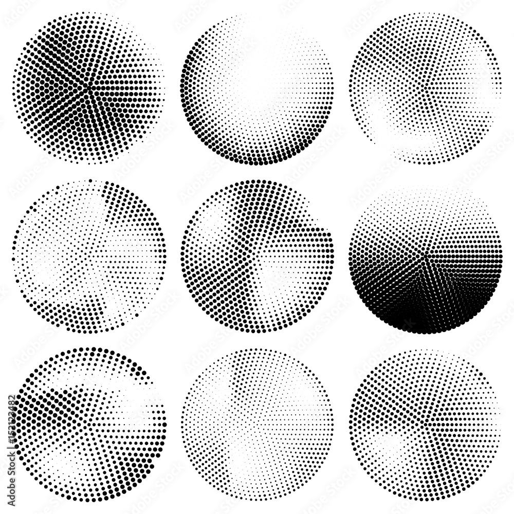 Set of black abstract halftone dot circle backgrounds. Vector illustration