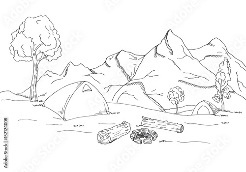 Mountain landscape. Tents and a bonfire on the background of the forest and mountains. Vector illustration of a sketch style.