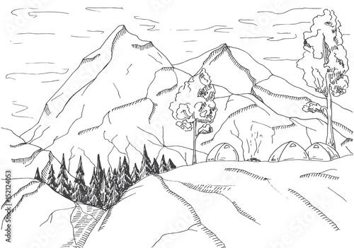 Mountain landscape. Tents and a bonfire on the background of the forest and mountains. Vector illustration of a sketch style.