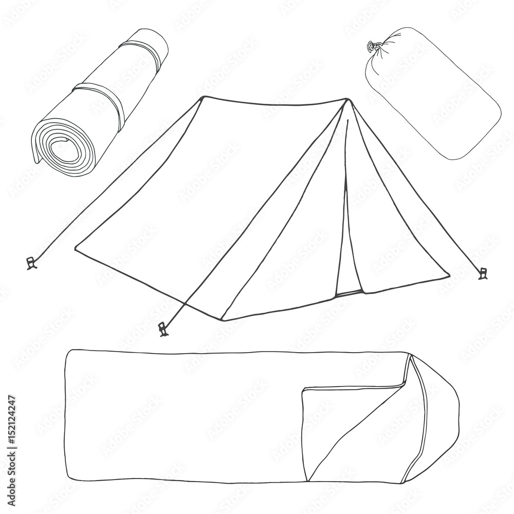 Tourism and camping set. Hand drawn vector illustration of a sketch style. Linear icon. Tourism and camping set. Hand drawn vector illustration of a sketch style. Linear icon.