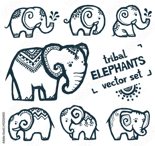 Tribal style tiny elephants vector set isolated on white