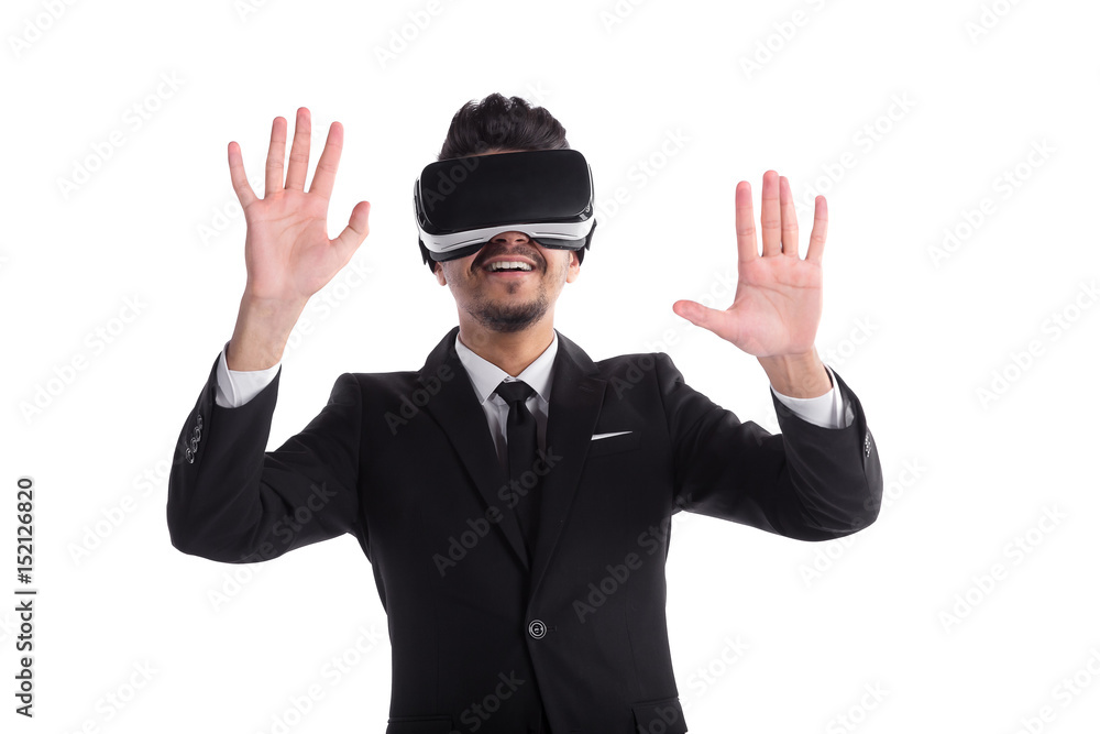 Young man in suit and 3d glasses isolated on white background. Young man in suit and 3d glasses isolated on white background.