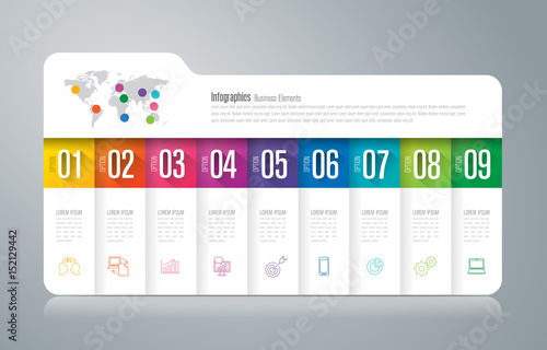 Folder infographics design vector and business icons with 9 options.