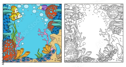 Underwater world with corals and anemones coloring page on white background