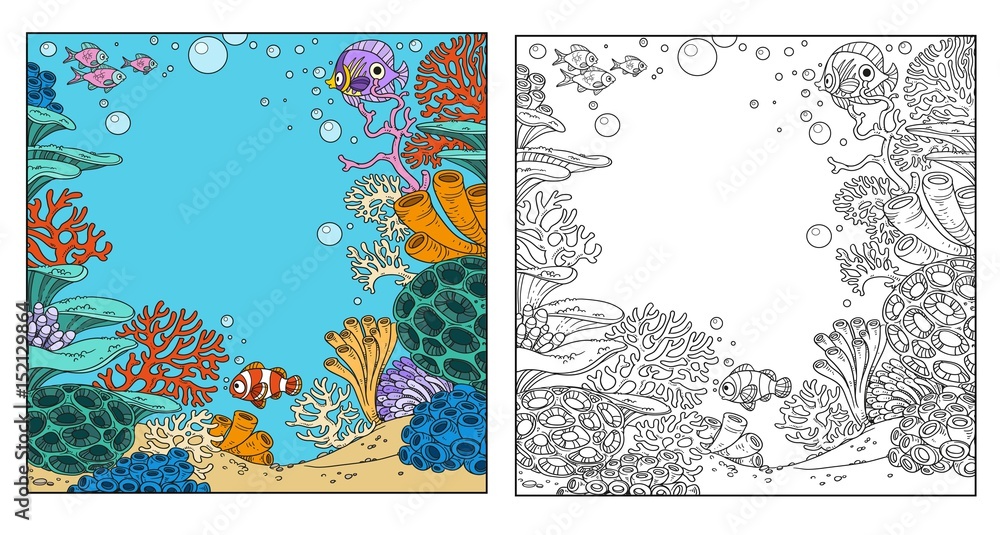 Underwater world with corals, anemones and fish coloring page on white ...