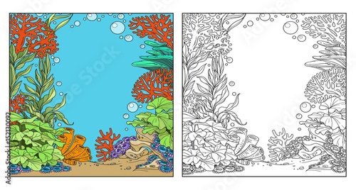 Underwater world with corals, seaweed and anemones coloring page on white background
