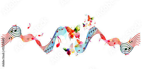 Music notes background. Colorful stave with music notes and butterflies isolated vector illustration