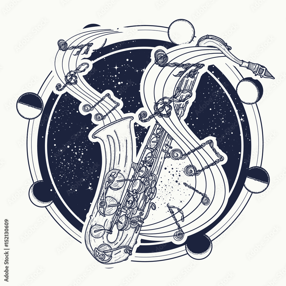 Saxophone and music notes tattoo art and tshirt design. Notes take off