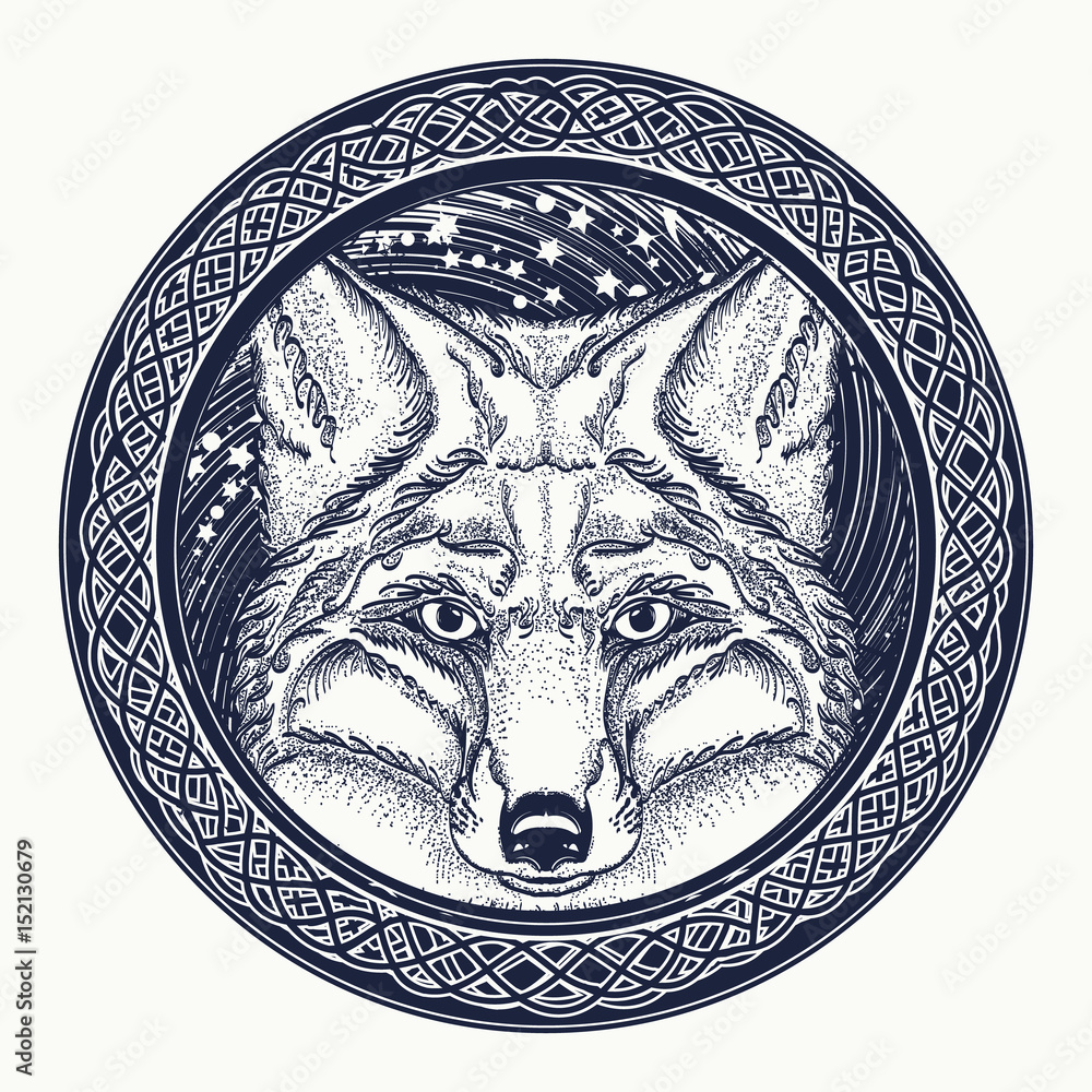 Fox tattoo. Symbol of a travel, freedom, tourism. Fox against the  background of Universe tattoo art. Ethnic style t-shirt design Stock Vector  | Adobe Stock