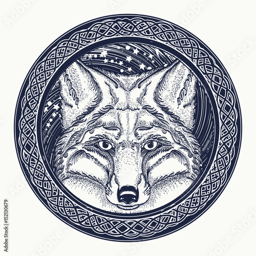 Fox tattoo. Symbol of a travel, freedom, tourism. Fox against the background of Universe tattoo art. Ethnic style t-shirt design