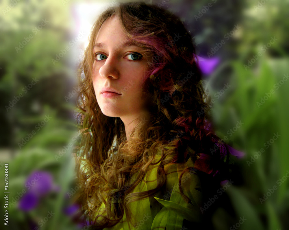 Naklejka premium Beautiful young girl with fresh face , on the floral background