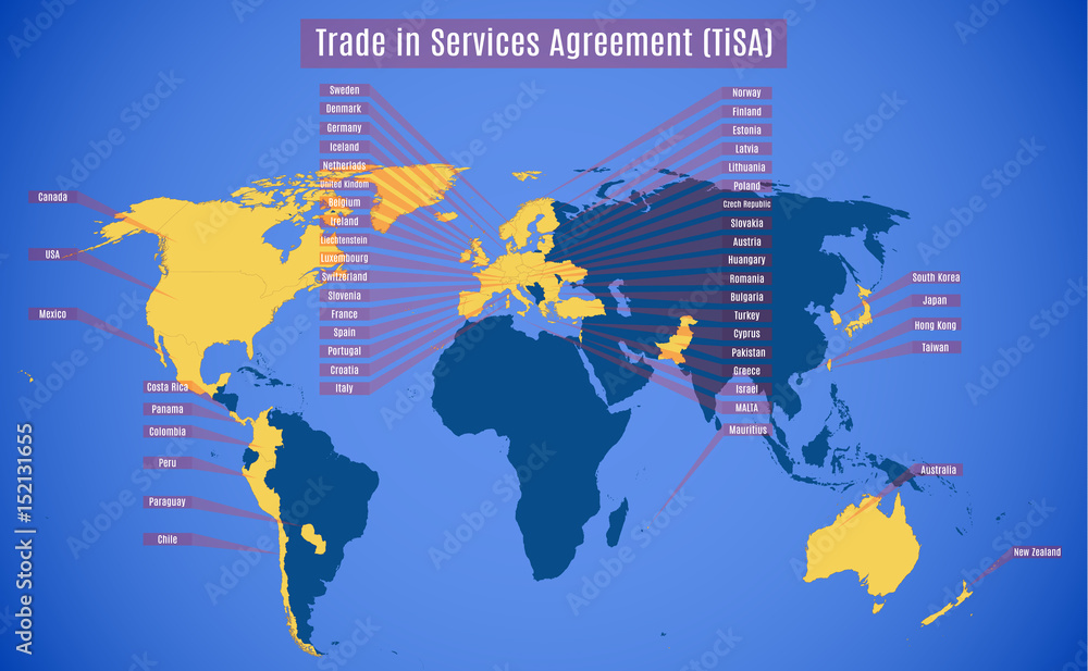 Vector map of TiSA (Trade in Services Agreement).