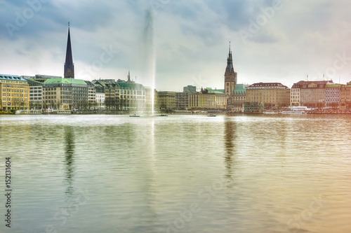 Lake with a fountain and a ships, center of Hamburg, Germany