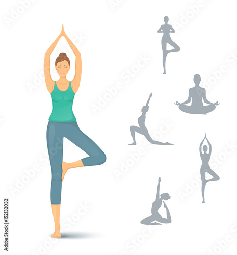 Young woman practicing yoga icon. beautiful woman silhouettes in various poses of yoga. Healthy lifestyle. Vector set of yoga illustration. Set of yoga poses. Yoga class, yoga center. Yoga poster.

