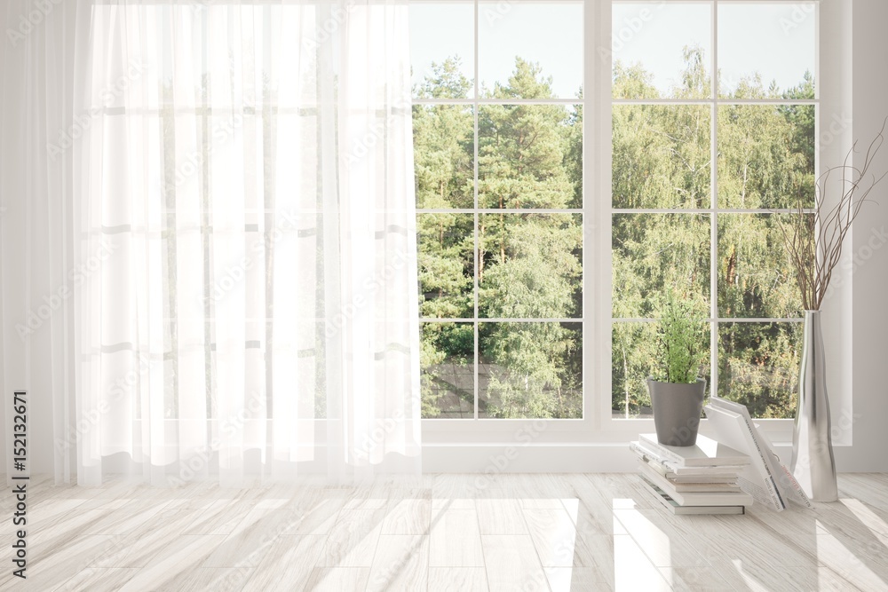 Fototapeta premium White empty room with green landscape in window. Scandinavian interior design. 3D illustration