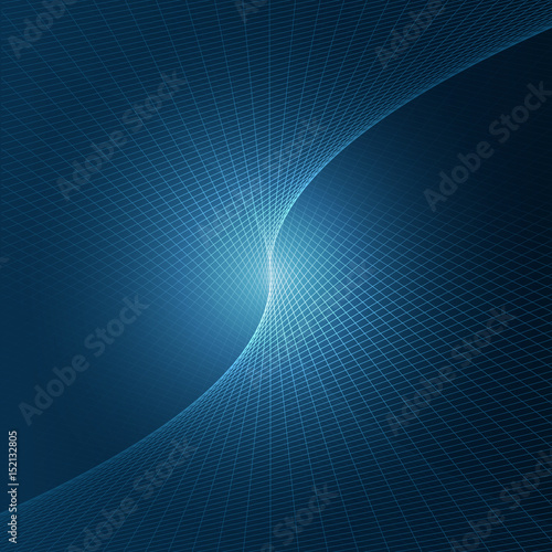 Vector illustration of abstract tree dimensional space. Line art pattern with glow in the center. Symmetrical geometrical background in deep blue colors. Concept of unity, convergence.