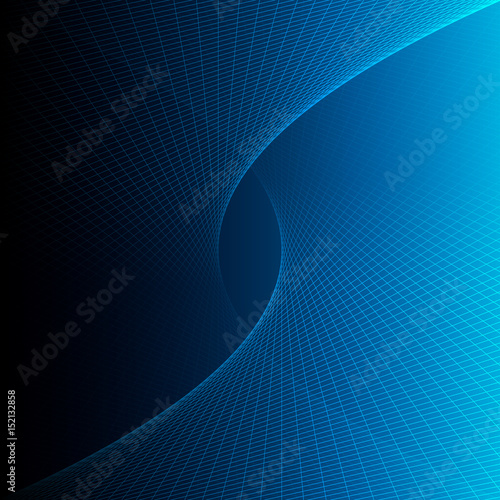 Vector illustration of abstract tree dimensional space. Line art pattern. Symmetrical geometrical background in deep blue colors. Concept of unity, convergence. photo
