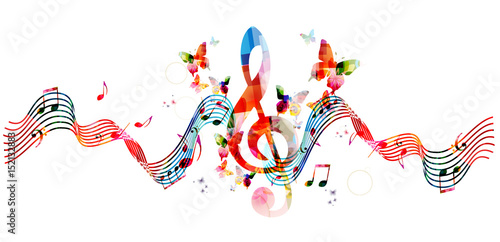 Music notes background. Colorful stave with G-clef and music notes isolated vector illustration