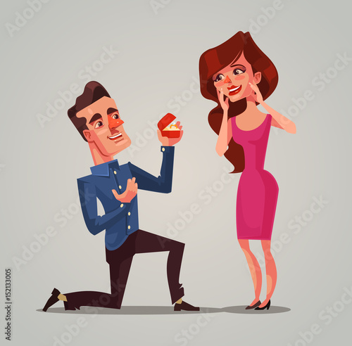 Happy smiling man groom character standing on knee proposing woman bride to be his wife. Vector flat cartoon illustration