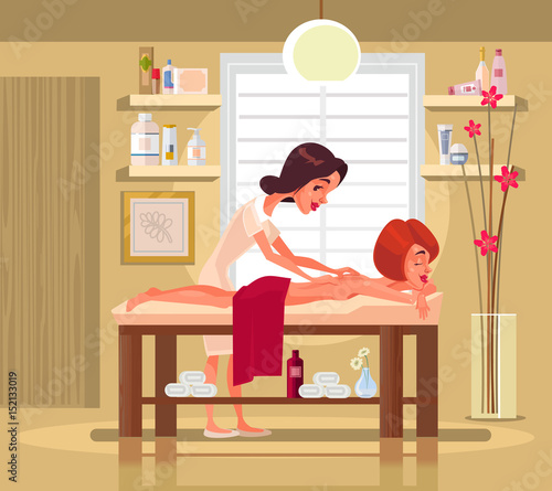 Massage therapist professional woman character doing exotic massage to happy smiling woman. Vector flat cartoon illustration