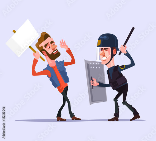 Angry police officer man character attacks protester. Vector flat cartoon illustration