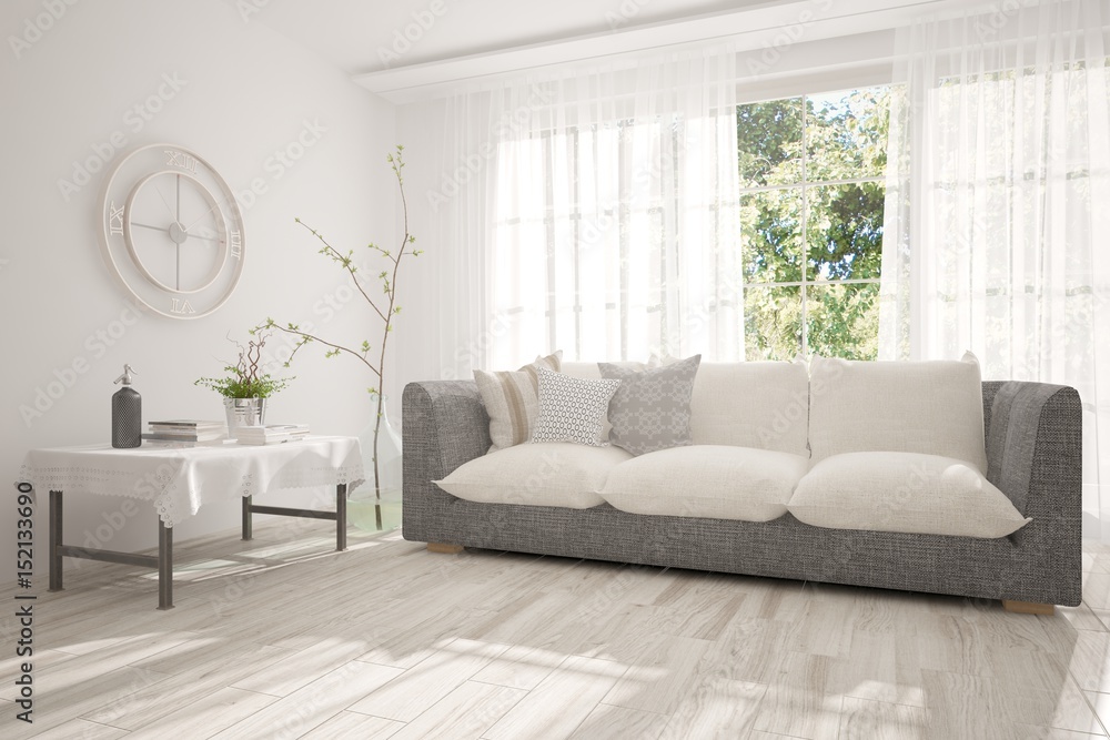 White empty room with green landscape in window. Scandinavian interior design. 3D illustration White empty room with green landscape in window. Scandinavian interior design. 3D illustration