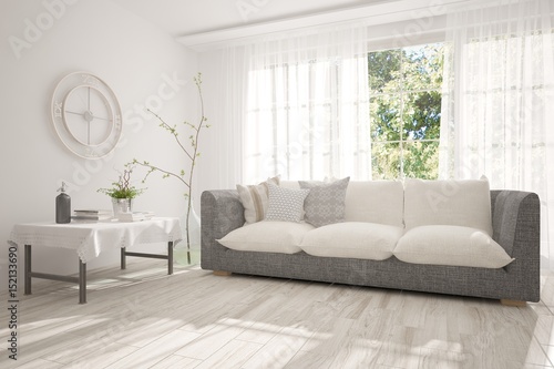 White empty room with green landscape in window. Scandinavian interior design. 3D illustration