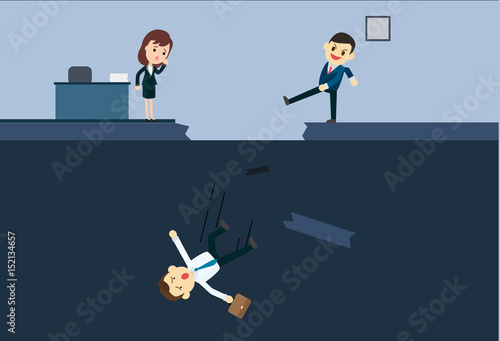 Businessman kick a employee to abyss of office.Blackmail business concept vector illustration.Business betray situation.