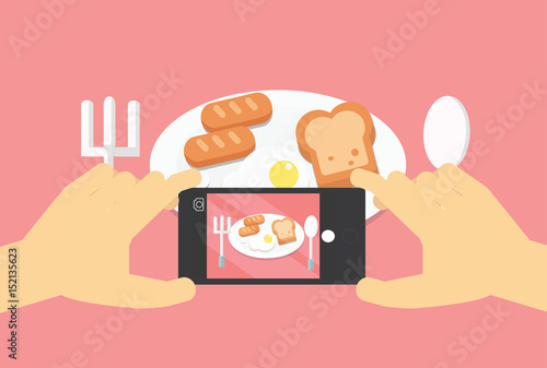 Flat lay mobile food photo, hands with phone taking picture of food.Modern mobile photography concept.Vector illustration