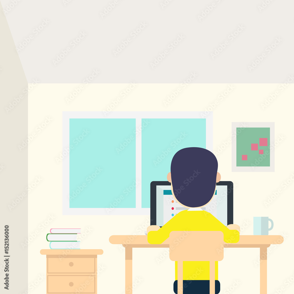 Fototapeta premium Young man work in his room with laptop and cup on table vector illustration.