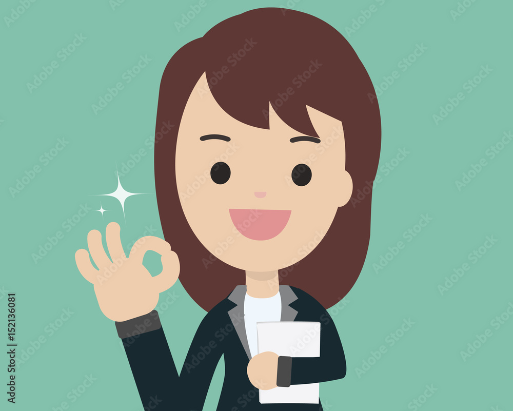 Young businesswoman show OK sign and holding papers Vector illustration.