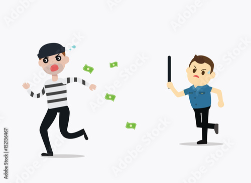Police man running chasing thief escaping with stolen money vector illustration