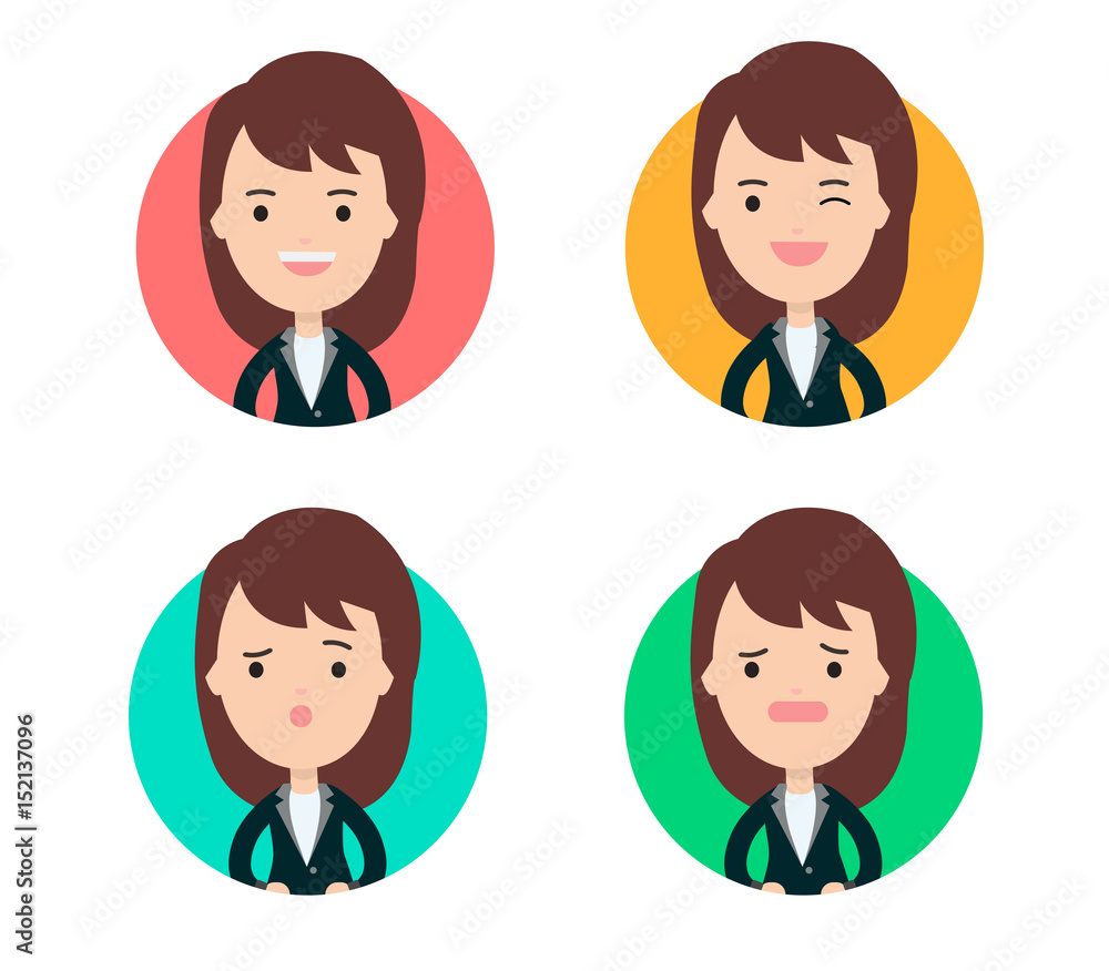 Business woman profile in many expression and colorful circle.profile picture cute business girl concept.vector illustration.Set of business woman.Woman Icons Set. Business woman profile in many expression and colorful circle.profile picture cute business girl concept.vector illustration.Set of business woman.Woman Icons Set.