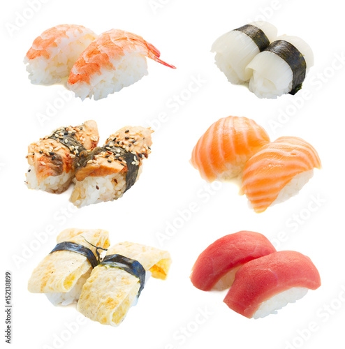 Set of japanese sushi pairs isolated on white background