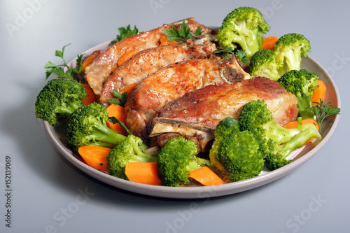 Pork ribs baked in oven with broccoli on plate.