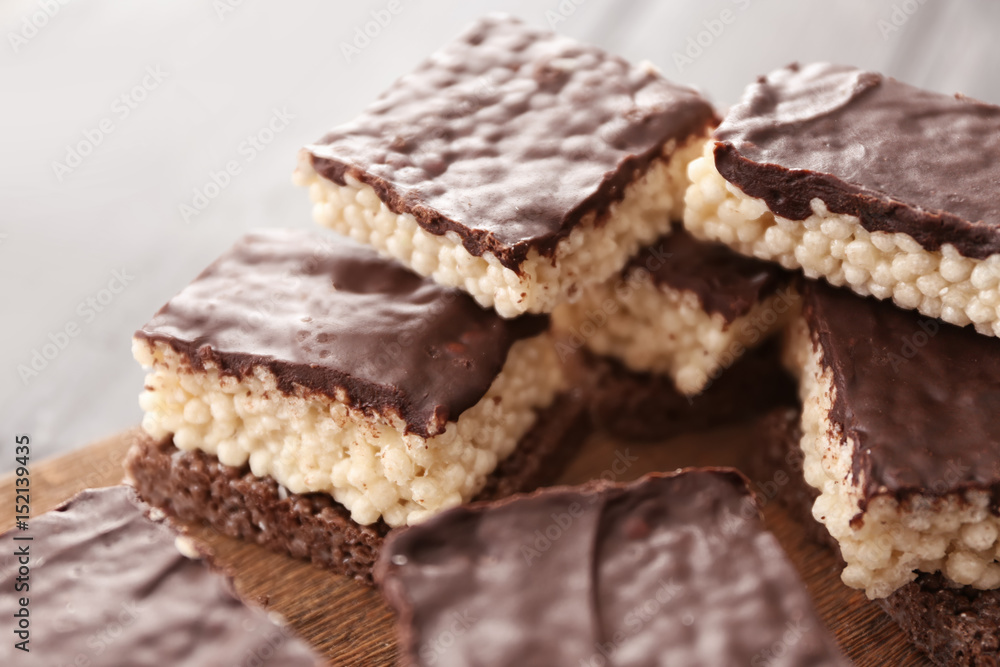 Delicious crispy dessert on wooden background
