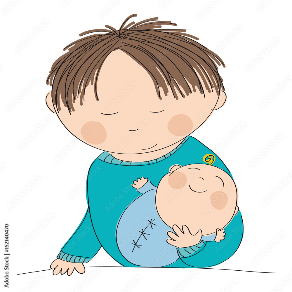 Happy young father holding his little baby boy - original hand drawn illustration Happy young father holding his little baby boy - original hand drawn illustration