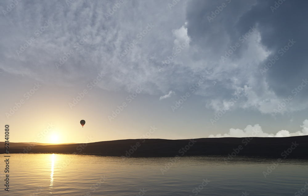 golden sunset behind coastline seen from ocean with hot air balloon golden sunset behind coastline seen from ocean with hot air balloon