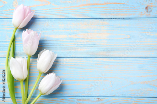 Fototapeta Naklejka Na Ścianę i Meble -  Bouquet of tulips on blue wooden table