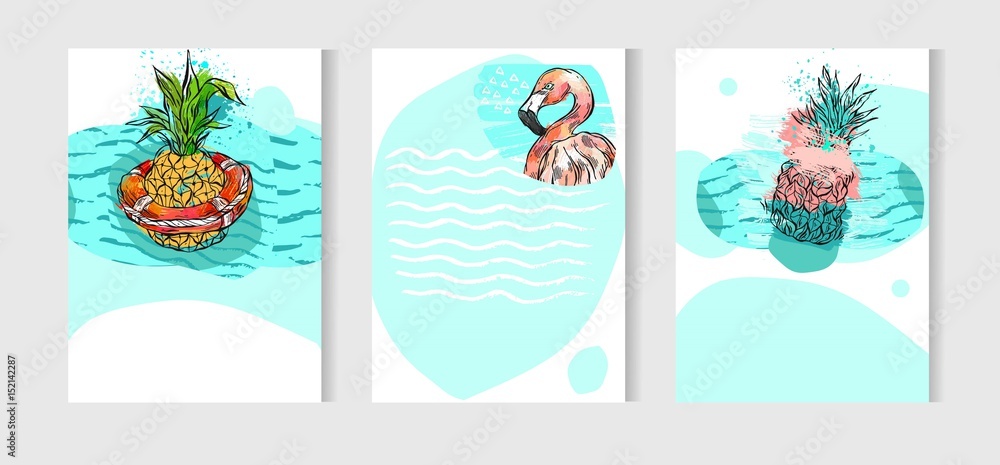 Hand drawn vector abstract artistic freehand drawing unusual summer time cards set template collection with pineapple fruit on ocean waves isolated on white background.Wedding,birthday,save the date.