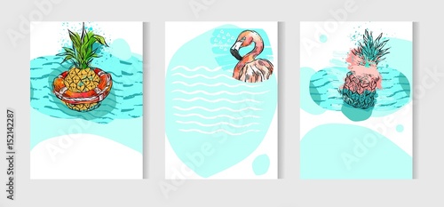 Hand drawn vector abstract artistic freehand drawing unusual summer time cards set template collection with pineapple fruit on ocean waves isolated on white background.Wedding,birthday,save the date.