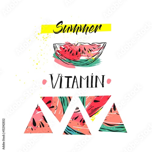 Hand drawm vector funny summer unusual background with abstract watermelon,freehand textures and modern handwritten calligraphy quote Summer Vitamin isolated on white background.Sign,poster,label photo