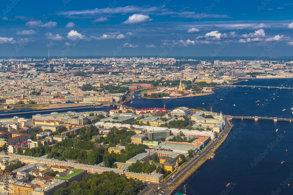 Vasilievsky Island. Summer day. View from the cockpit of the helicopter. St. Petersburg from the heights.