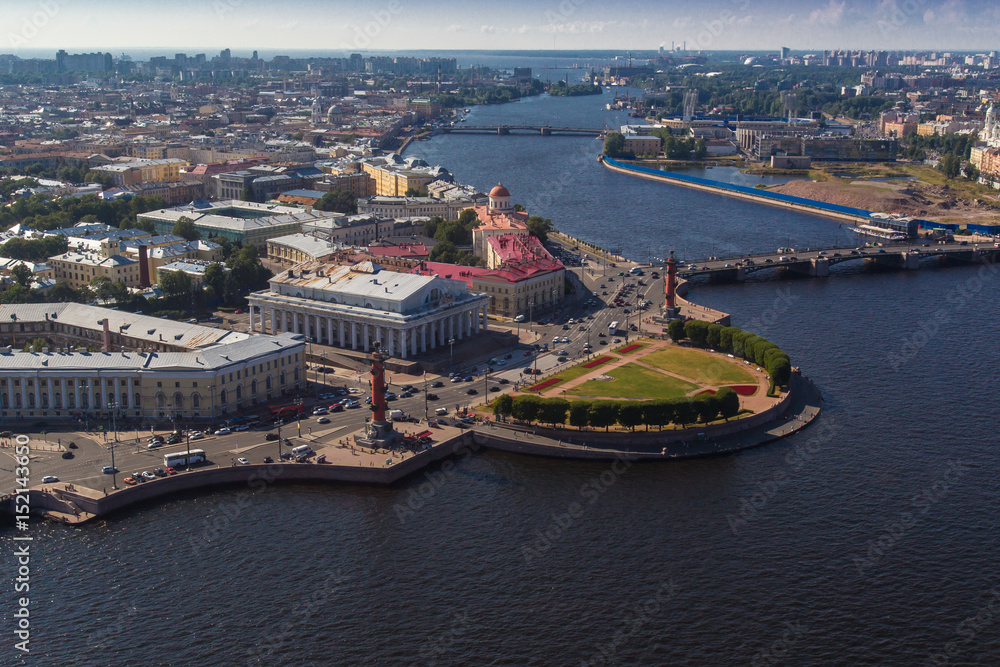 St. Petersburg. View of the Vasilievsky Island and the Neva River. View of the Vasilyevsky Island arrow from the helicopter. Rastral columns.