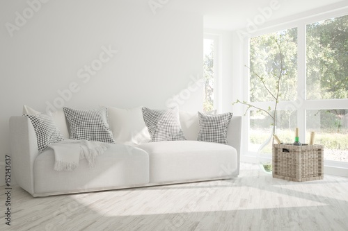 White room with sofa and green landscape in window. Scandinavian interior design. 3D illustration