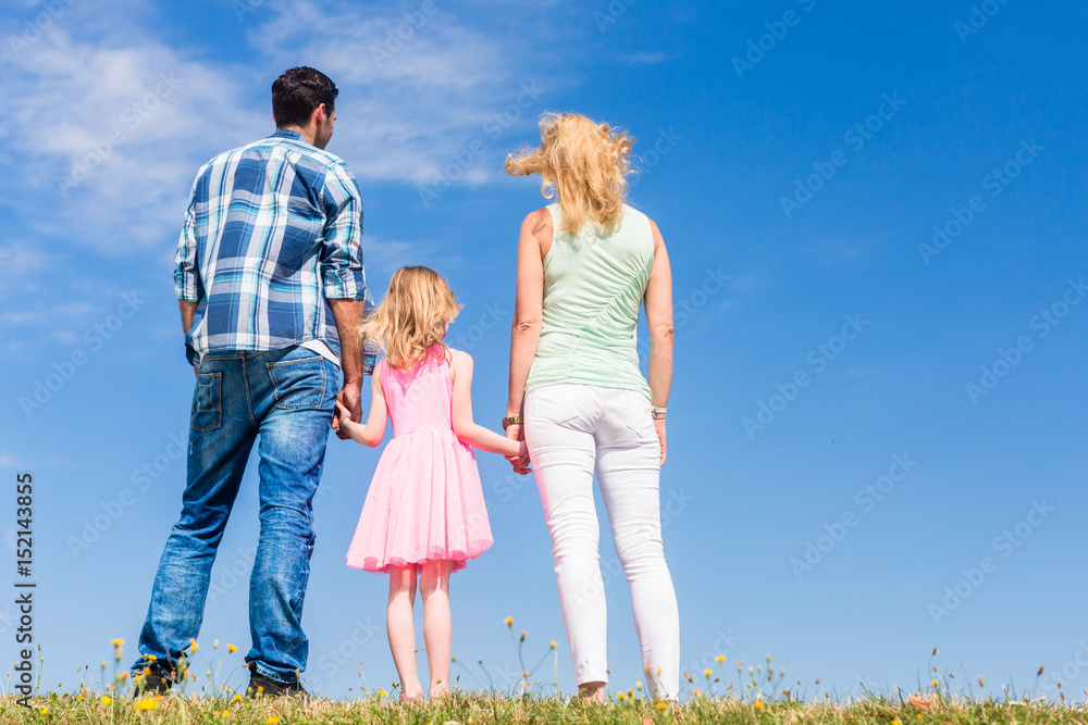 Fototapeta premium Family standing with their backs to the camera in front of blue skies
