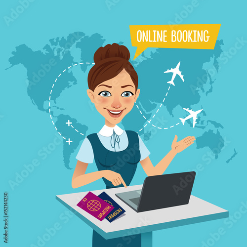 Online booking banner. Online Flight Booking. Travel agent stands at table and makes out the purchase of tickets. photo