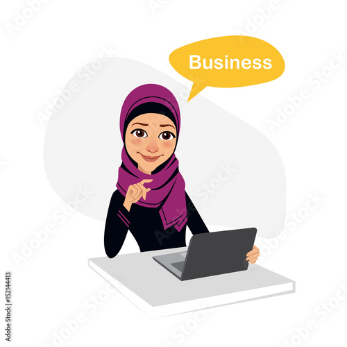 Arab business woman is working with laptop on table . Business concept.