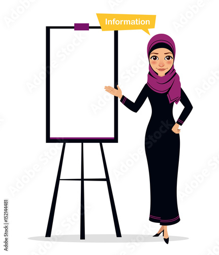 Arab business woman character standing near flipchart.