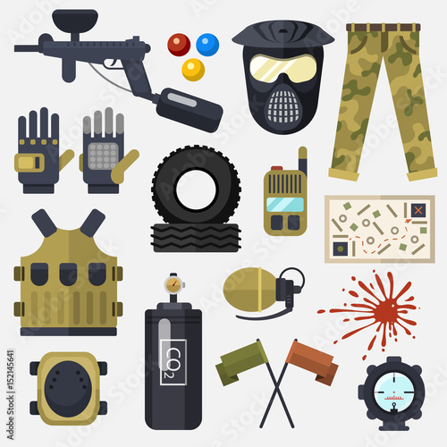 Paintball club symbols icons protection uniform and sport game design elements equipment target vector illustration